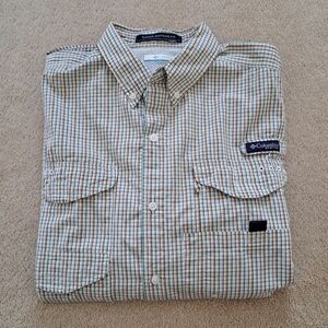 Columbia Sportswear PFG Shirt Men's Large White Tan Green Check Fishing Gear